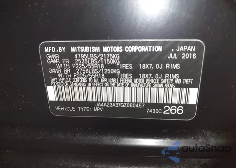 2016 Mitsubishi Outlander Es from USA, damaged, VIN JA4AZ3A37GZ060457